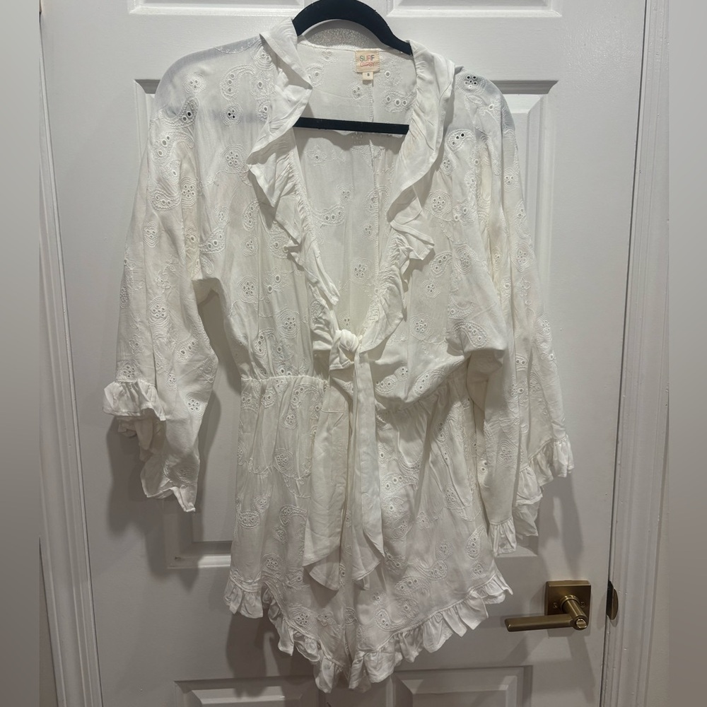 Surf Gypsy White Eyelet Lace Bell Seeve Tie-Front Romper